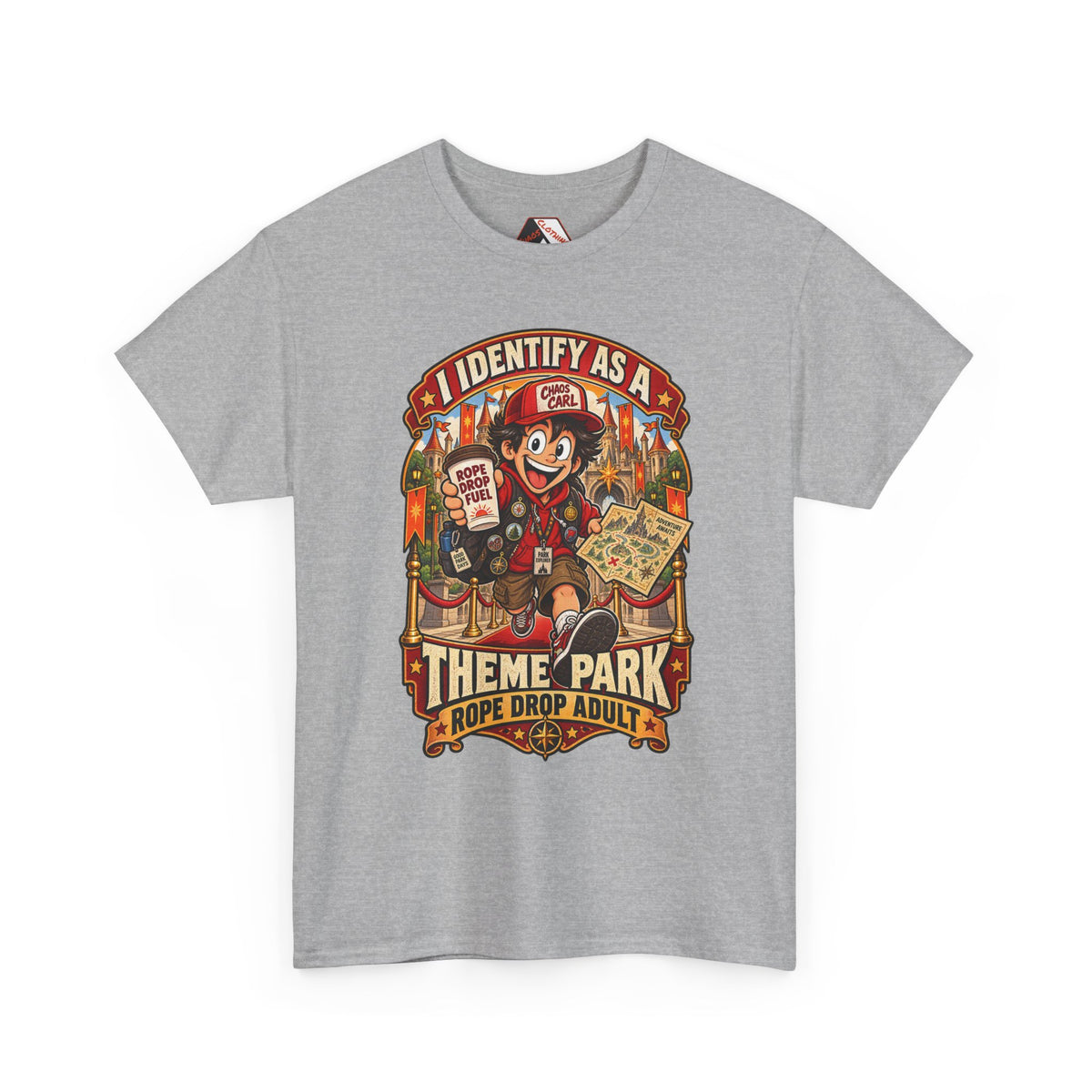 Chaos Clothing by I Identify As™ vintage theme park apparel featuring Chaos Carl™ mascot character, fantasy castle architecture and rope drop adult slogan.