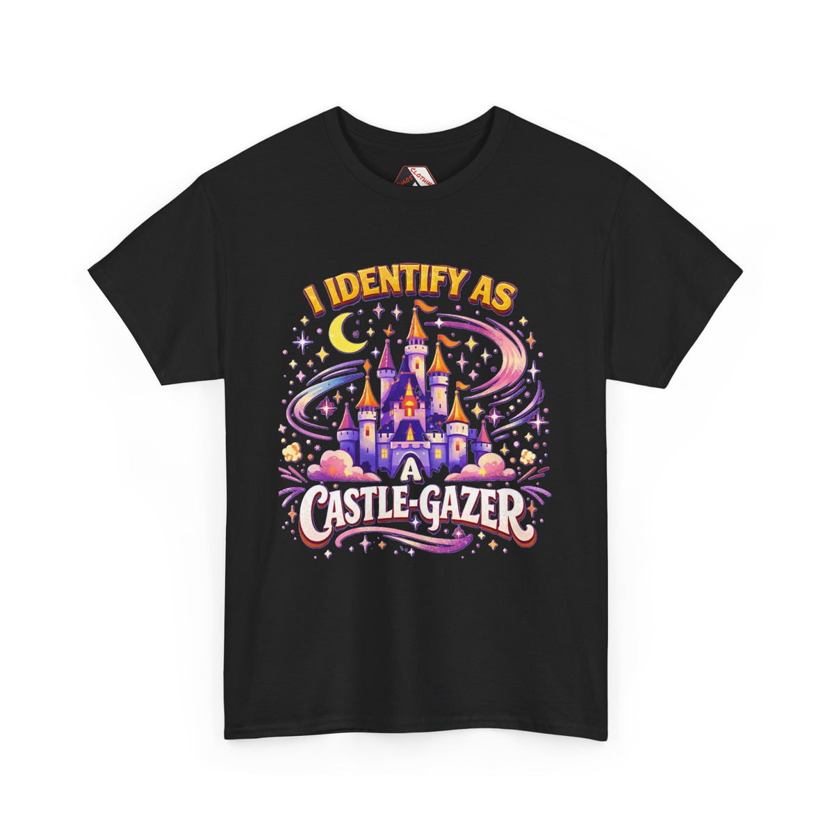 A black short-sleeve crewneck t-shirt featuring a colorful graphic print of a fantasy castle under a crescent moon and stars, with the text 'I IDENTIFY AS A CASTLE-GAZER'.