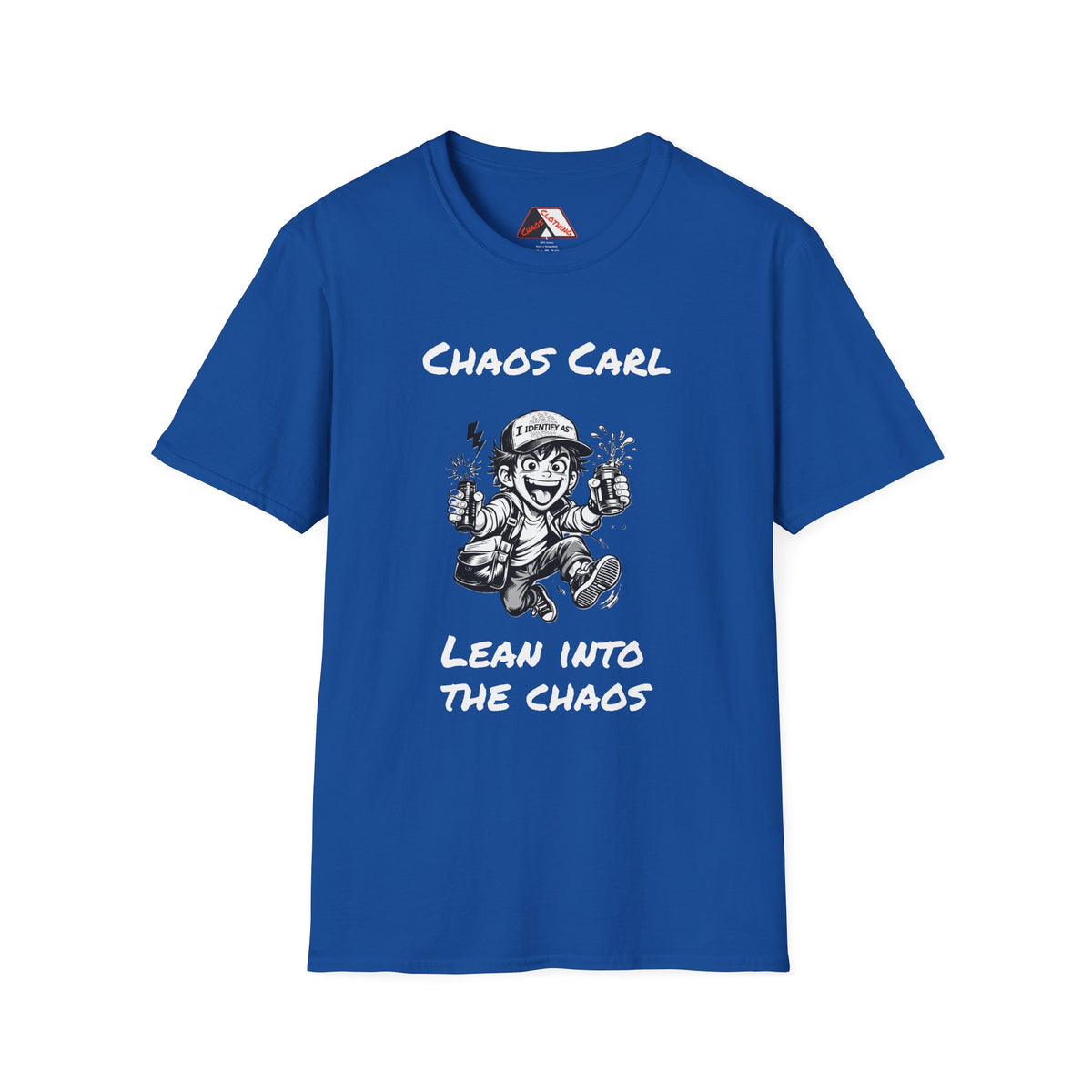 A royal blue short-sleeve t-shirt with a graphic print on the front. The graphic features a cartoon character in a cap surrounded by small icons, with the text 'CHAOS CARL' above and 'LEAN INTO THE CHAOS' below in white stylized lettering. By I Identify As