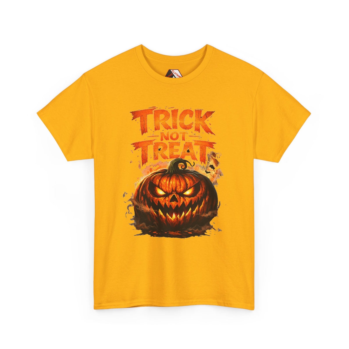A yellow short-sleeve crewneck t-shirt featuring a Halloween graphic with the text 'TRICK OR TREAT' in orange above a carved jack-o'-lantern pumpkin, displayed on a clean white background.