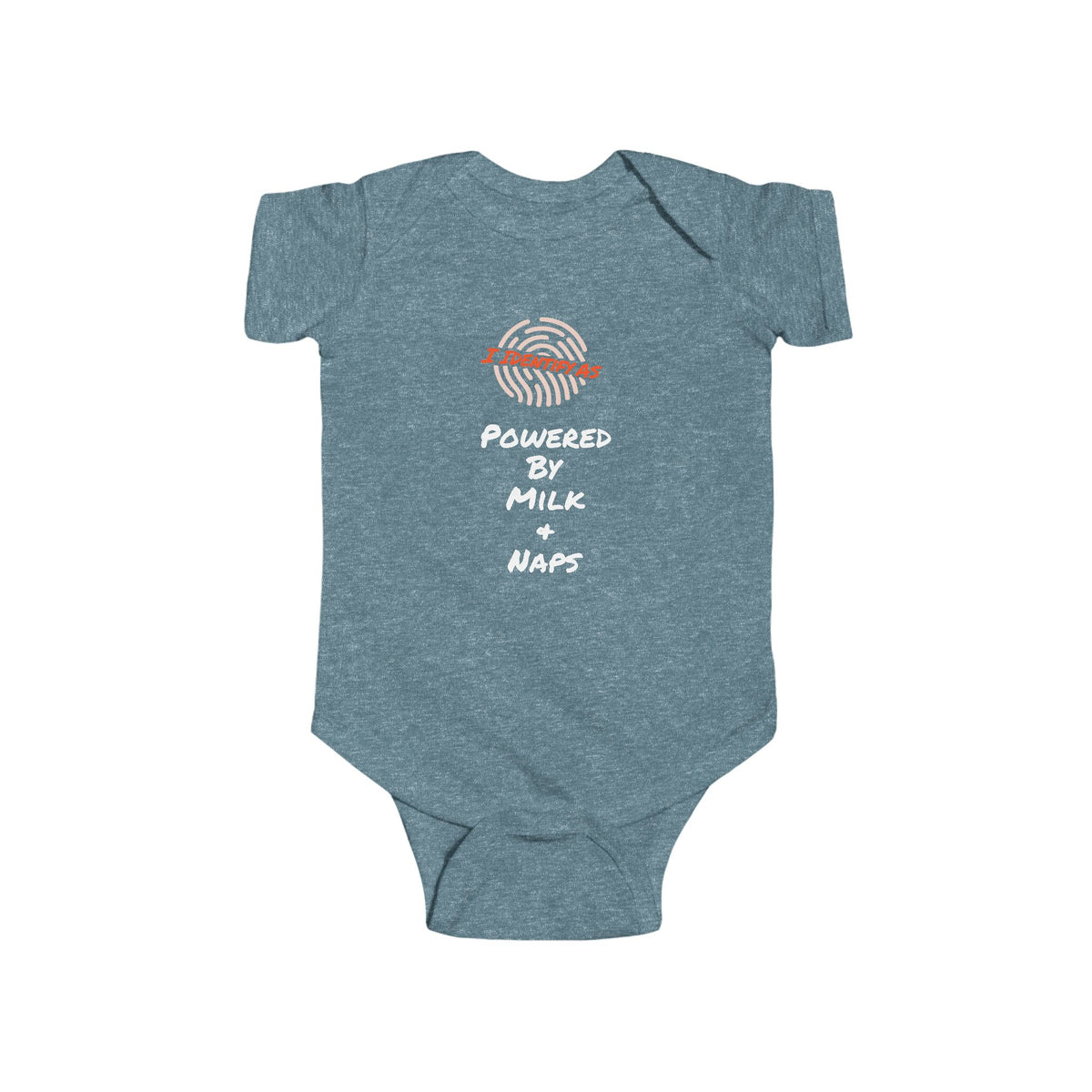 baby bodysuit with short sleeves and snap closures, featuring a graphic print on the chest that reads 'I IDENTIFY AS' above a fingerprint illustration and 'POWERED BY MILK + NAPS' 