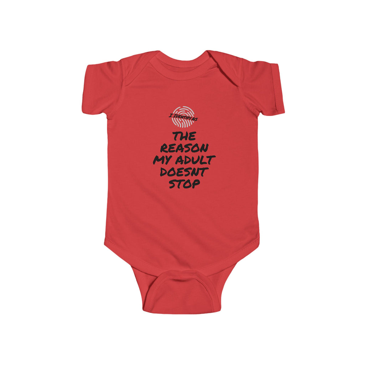 Red baby onesie with 'Daddy's Boy Mommy's World' text on a white background