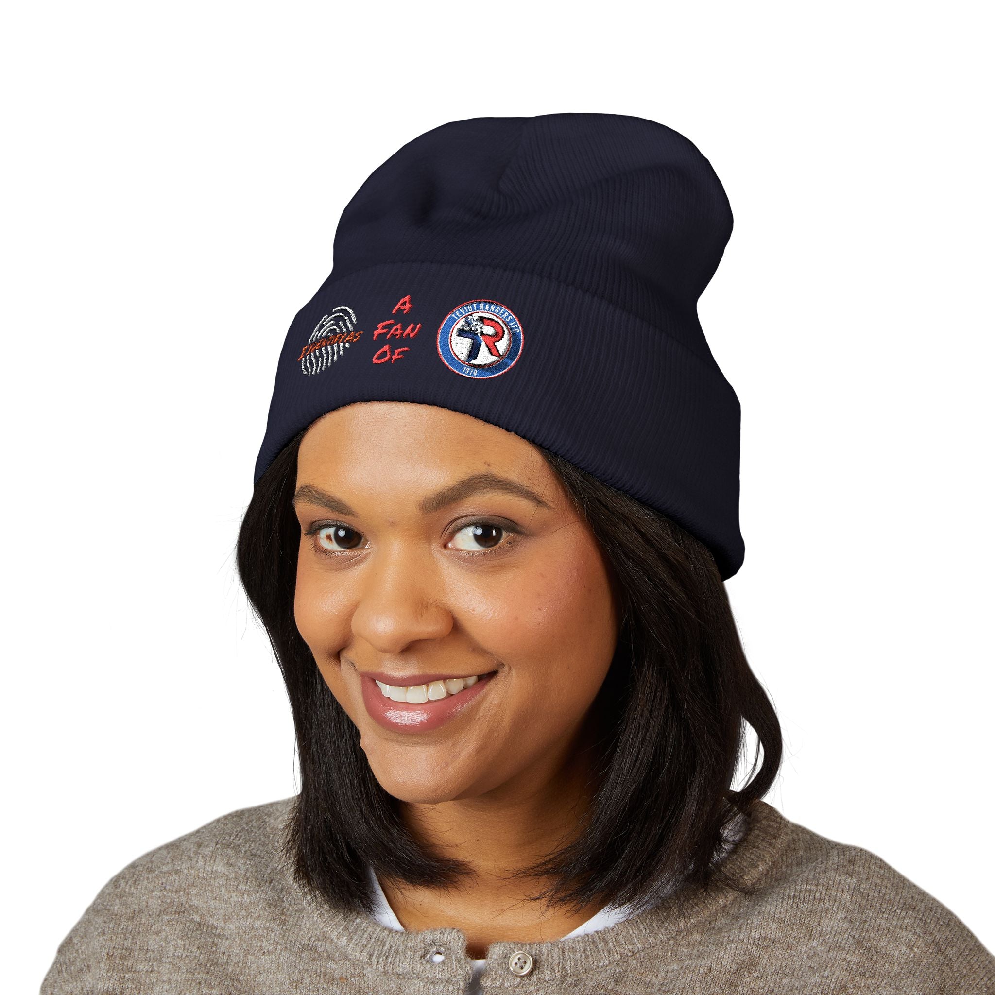 Embroidered 'A Fan Of' Classic Cuffed Beanie — White Knit Winter Hat