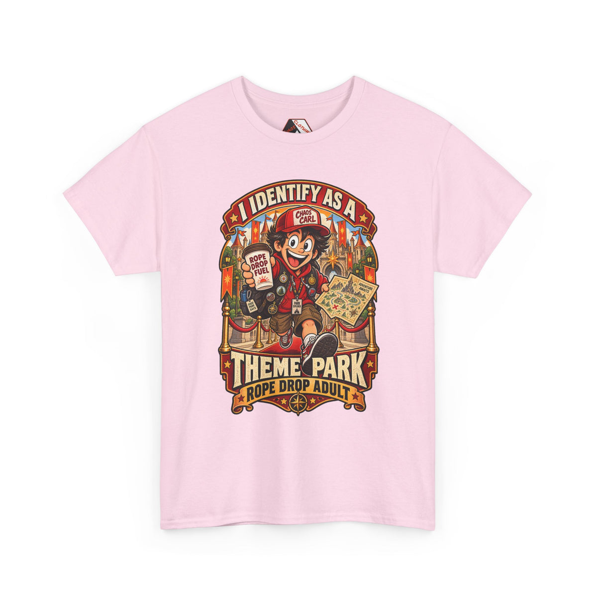 Chaos Clothing by I Identify As™ retro fantasy park t-shirt displaying Chaos Carl™ running towards adventure with theme park map and Rope Drop Fuel coffee.