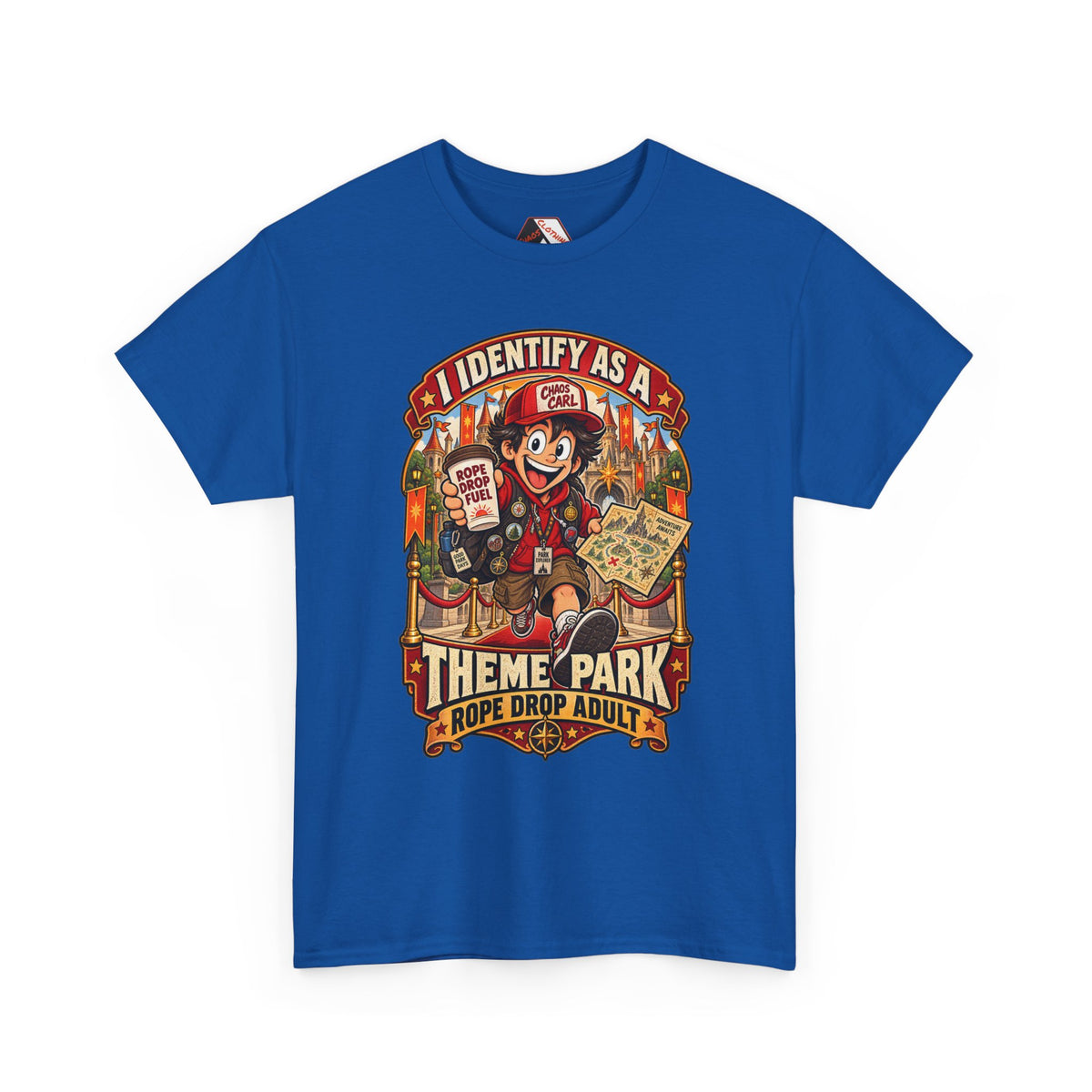 Chaos Clothing by I Identify As™ theme park lover shirt featuring original Chaos Carl™ character artwork and rope drop adventure design.
