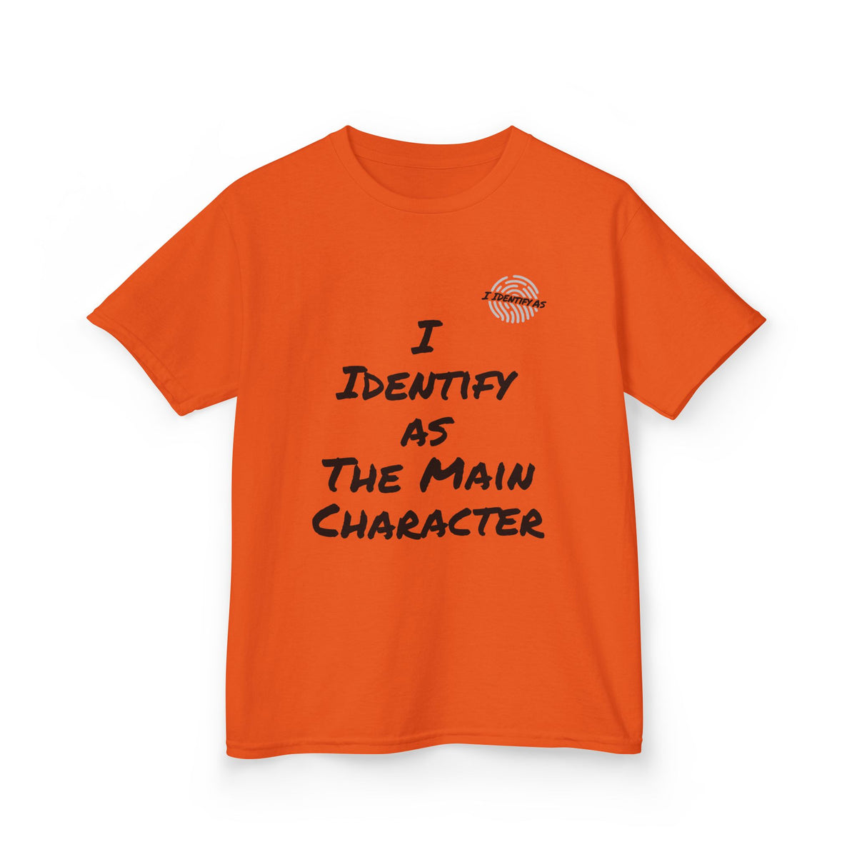 An orange short-sleeve t-shirt with black text reading 'I IDENTIFY AS THE MAIN CHARACTER' printed on the front, along with a small circular logo near the upper right chest, shown on a plain white background.