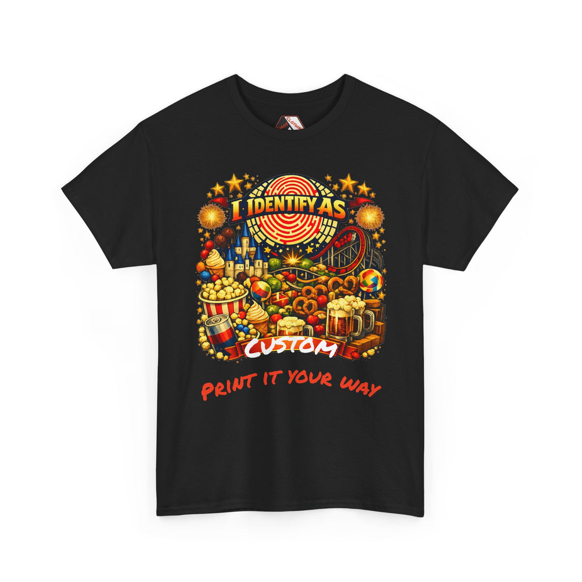 A navy blue short-sleeve t-shirt with a colorful carnival-themed graphic print featuring the text 'I IDENTIFY AS CUSTOM' and 'PRINT IT YOUR WAY'.
