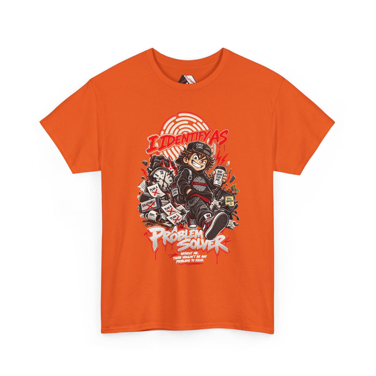 Close‑up of Problem Solver slogan print on soft‑touch cotton tee