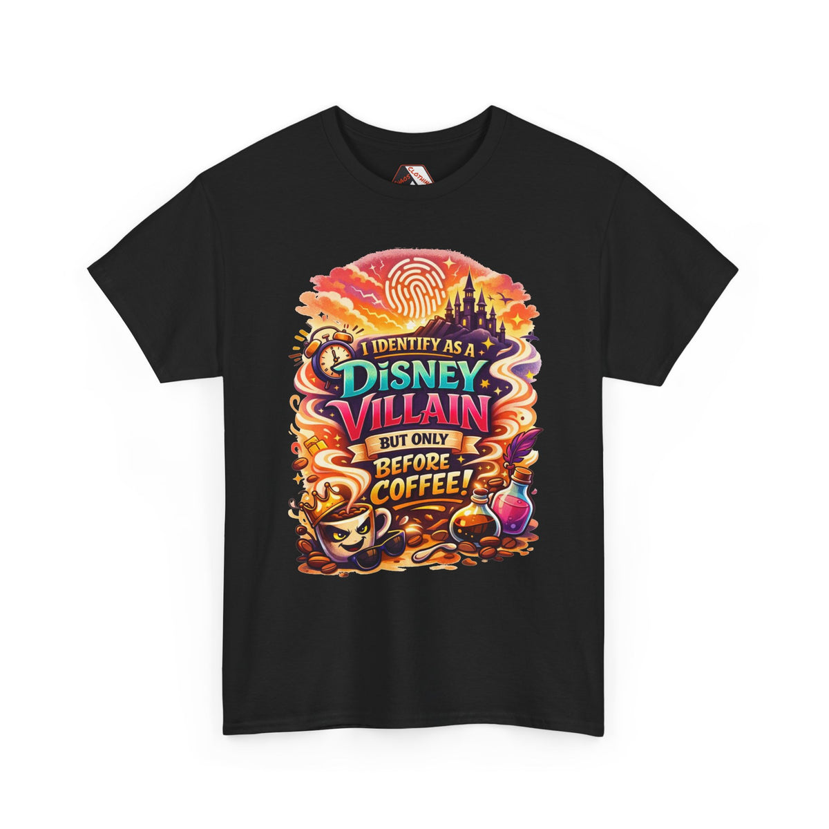 I Identify As a Disney Villain Before Coffee – Funny Theme Park T‑Shirt for Disney Adults