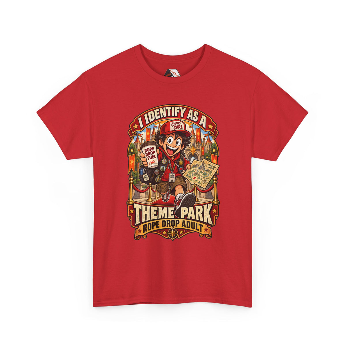Chaos Clothing by I Identify As™ theme park rope drop adult t-shirt featuring Chaos Carl™ running with a Rope Drop Fuel coffee, fantasy park map and vintage amusement poster artwork.