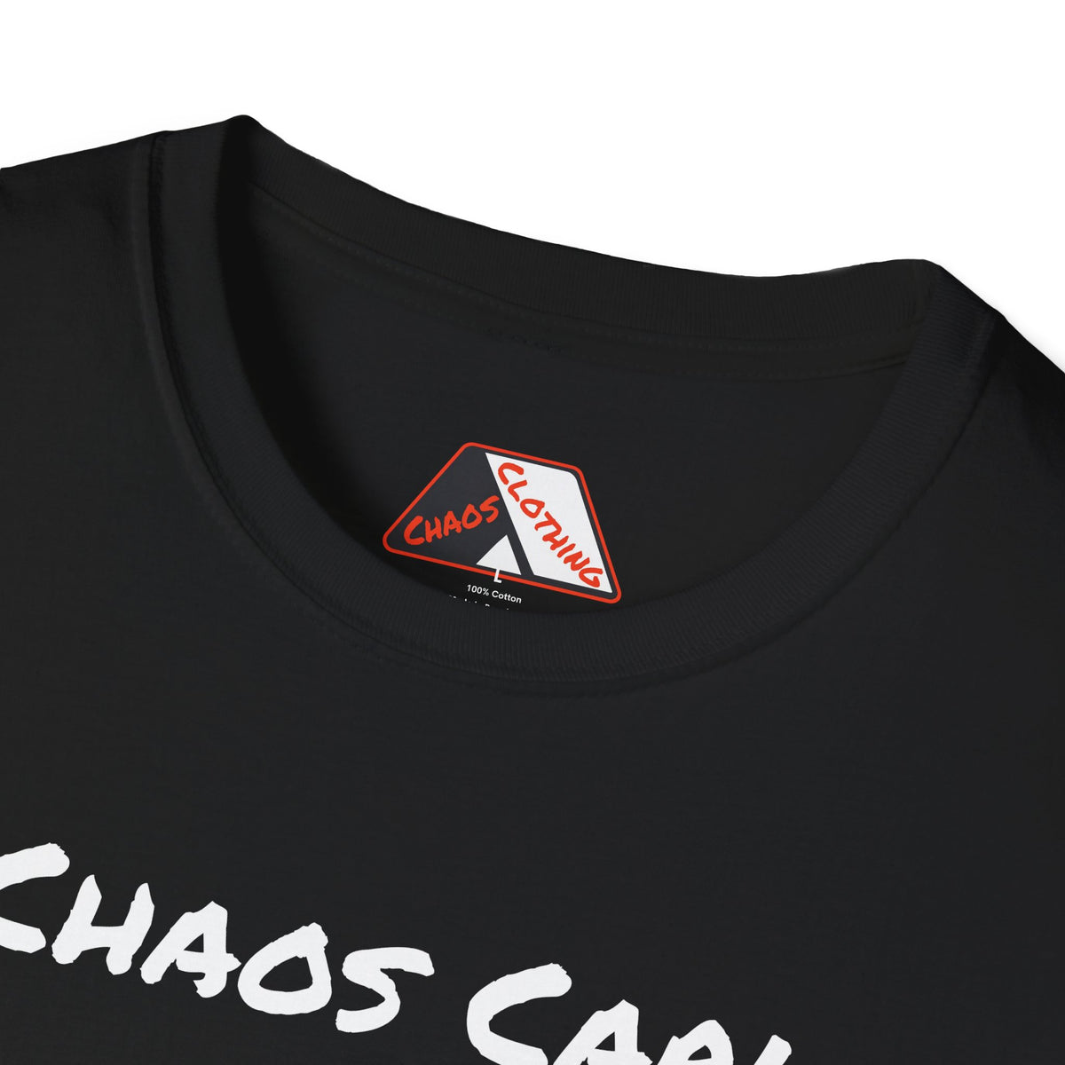Close-up of a black t-shirt showing the inner neck label with a red and white 'Chaos Clothing' logo.  This T shirt is from I Identify As