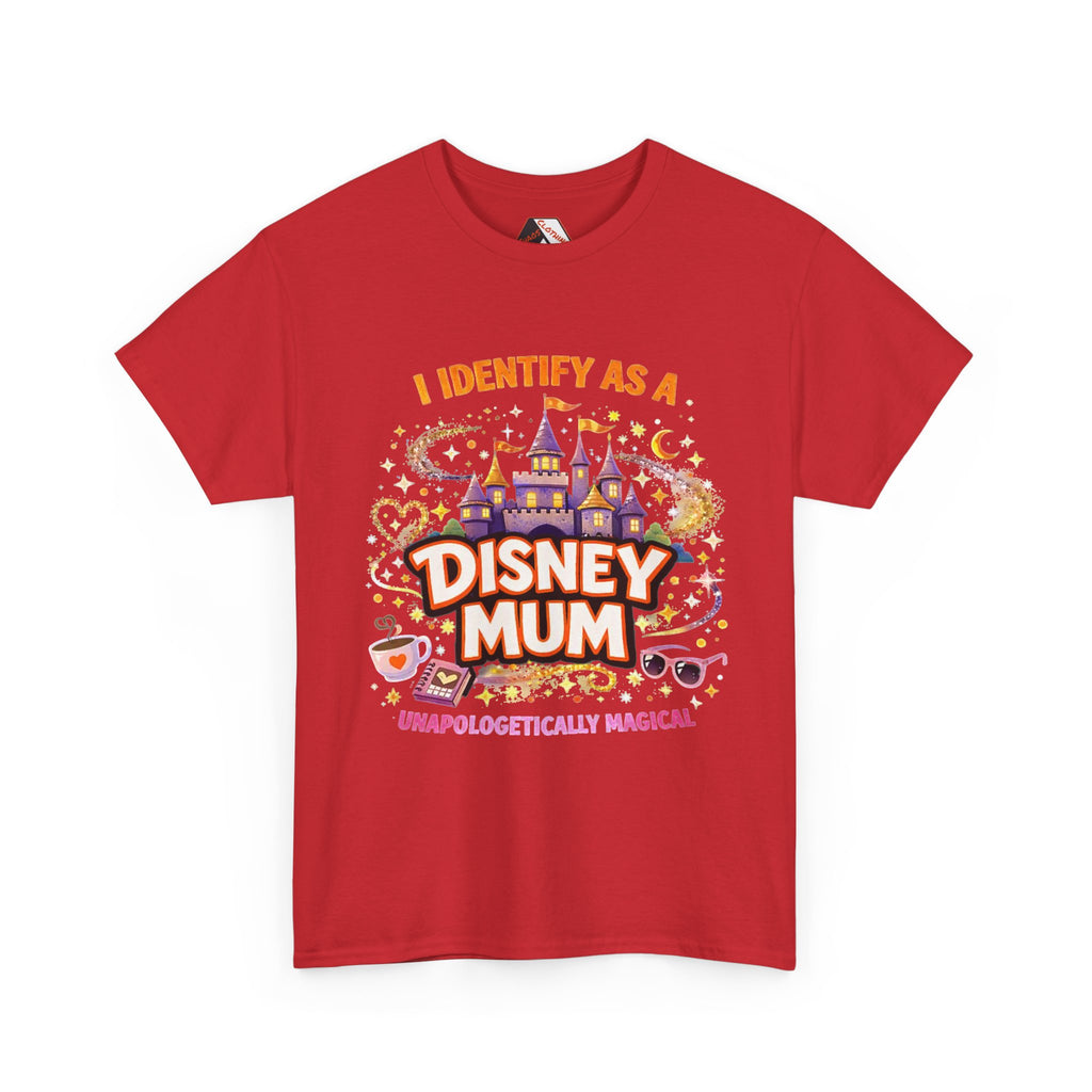 A red short-sleeve crewneck t-shirt featuring a colorful graphic print on the front with the text 'I IDENTIFY AS A DISNEY MUM' and 'UNAPOLOGETICALLY MAGICAL' surrounded by cartoon castle, stars, and themed icons.