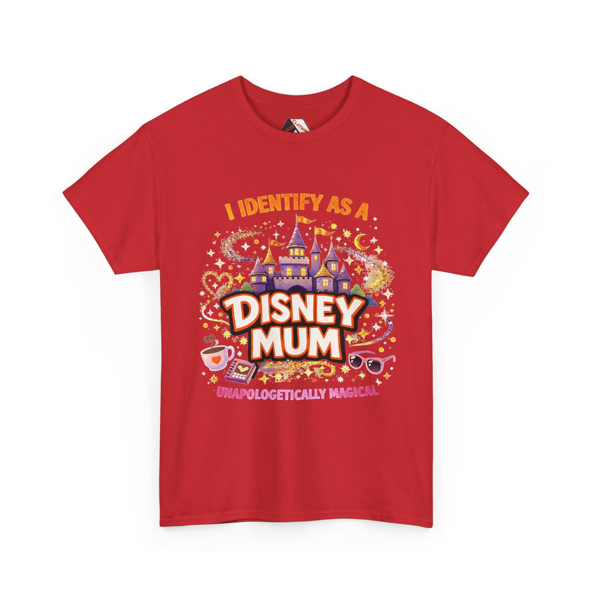 A red short-sleeve crewneck t-shirt featuring a colorful graphic print on the front with the text 'I IDENTIFY AS A DISNEY MUM' and 'UNAPOLOGETICALLY MAGICAL' surrounded by cartoon castle, stars, and themed icons.