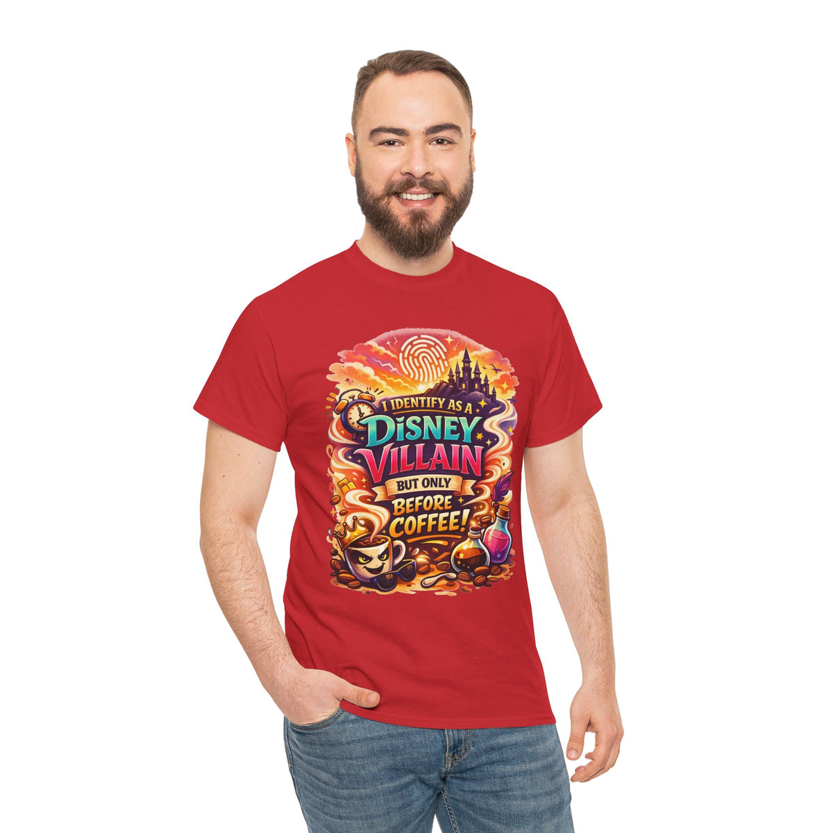 I Identify As a Disney Villain Before Coffee – Funny Theme Park T‑Shirt for Disney Adults