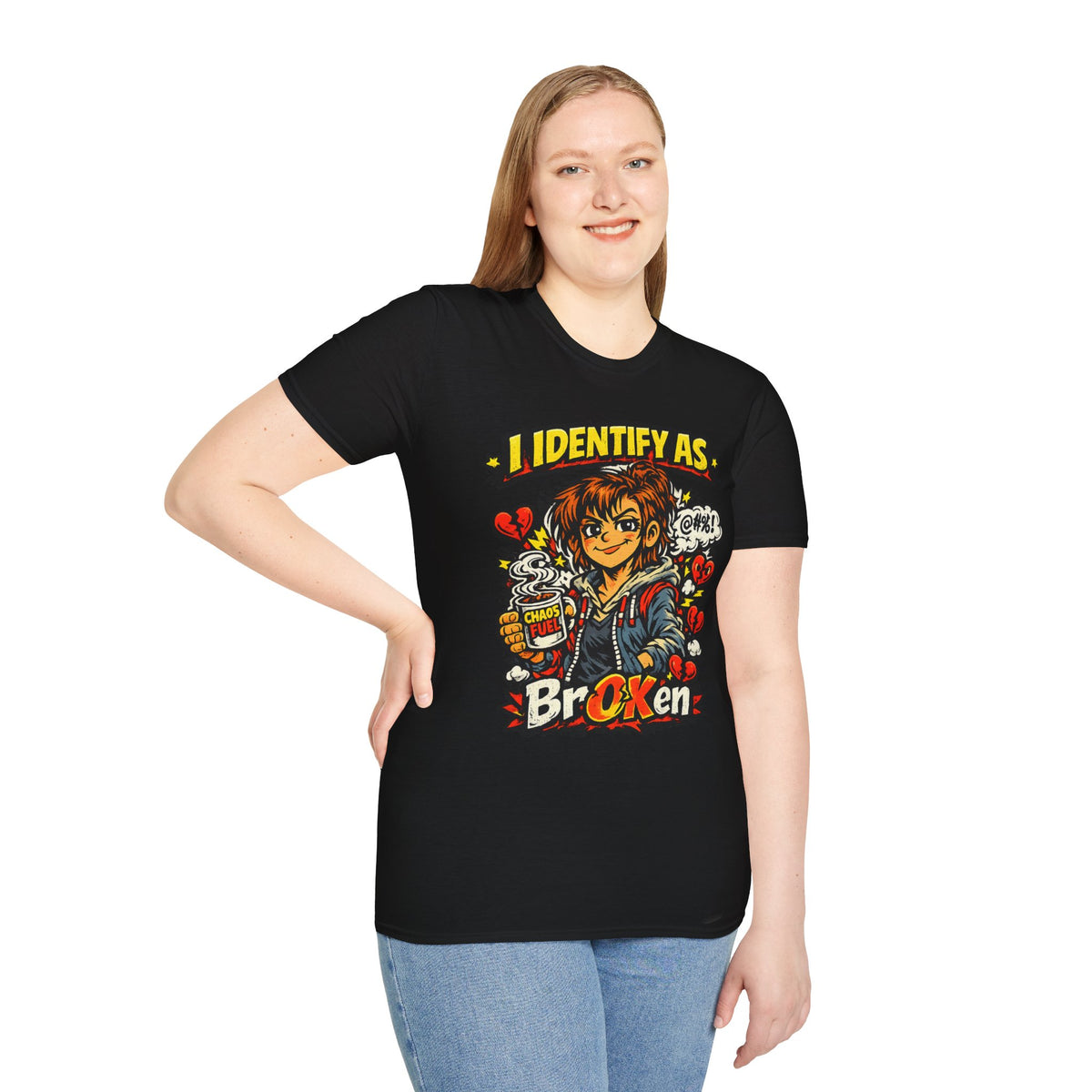 Humorous exhaustion‑inspired tee with Fiona, broken hearts, lightning bolts, and Chaos Fuel mug from Chaos Clothing by I Identify As