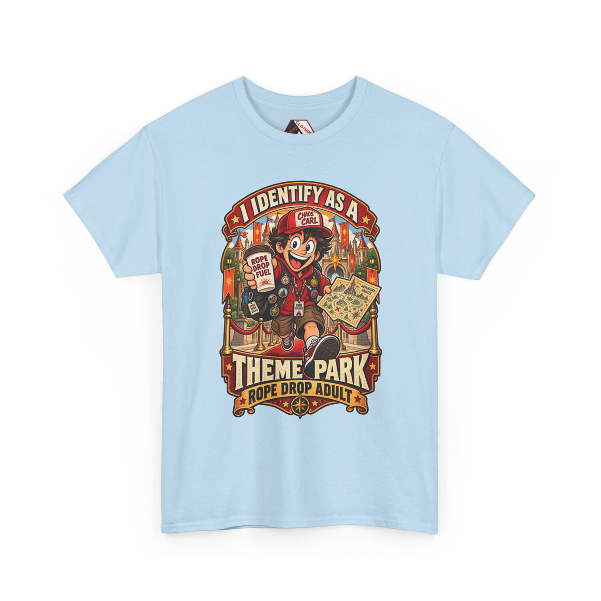 Chaos Clothing by I Identify As™ humorous rope drop adult shirt featuring Chaos Carl™ explorer mascot, fantasy attractions and collectible park-inspired artwork.