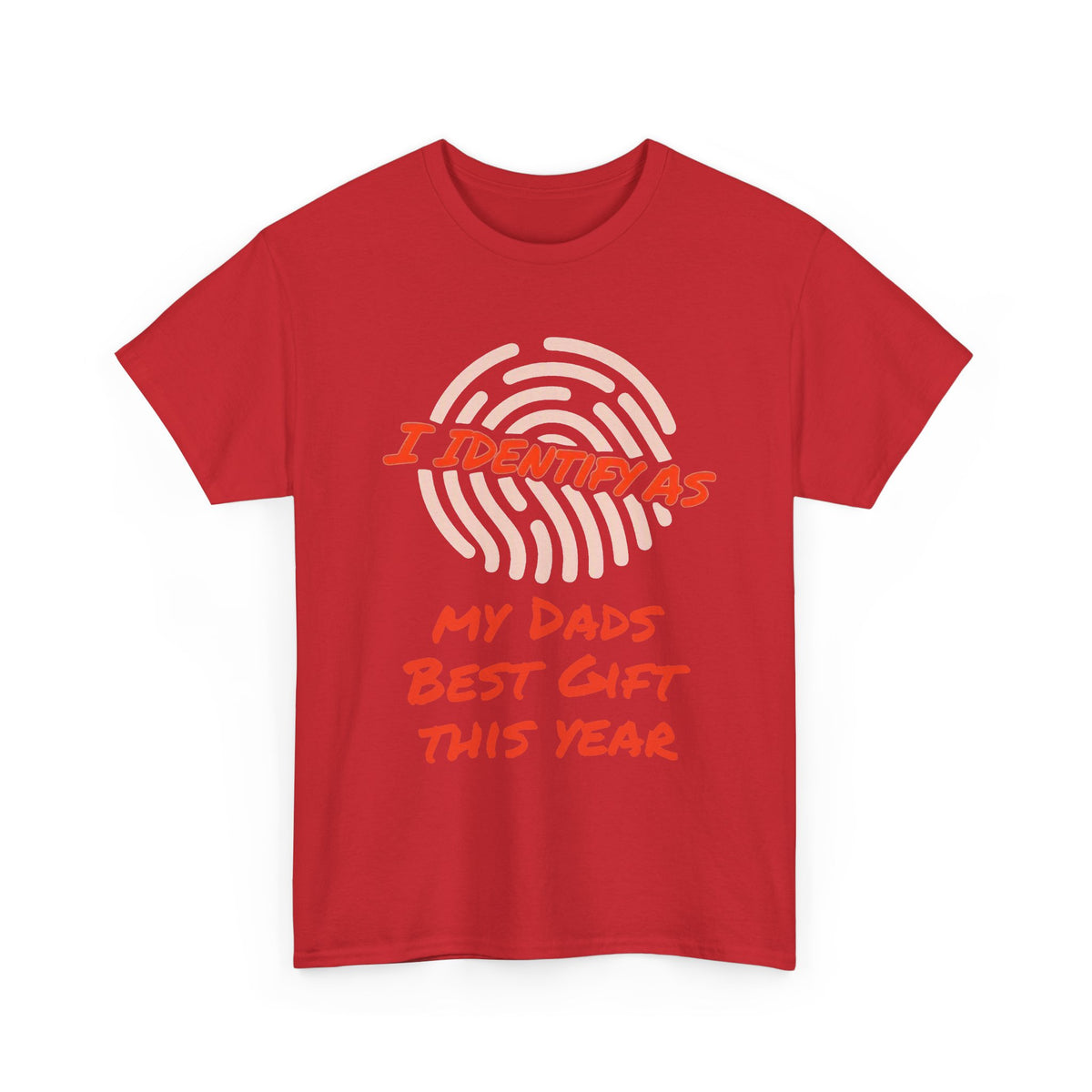 Red t-shirt featuring a fingerprint graphic and text: I identify as my dads best gift this year