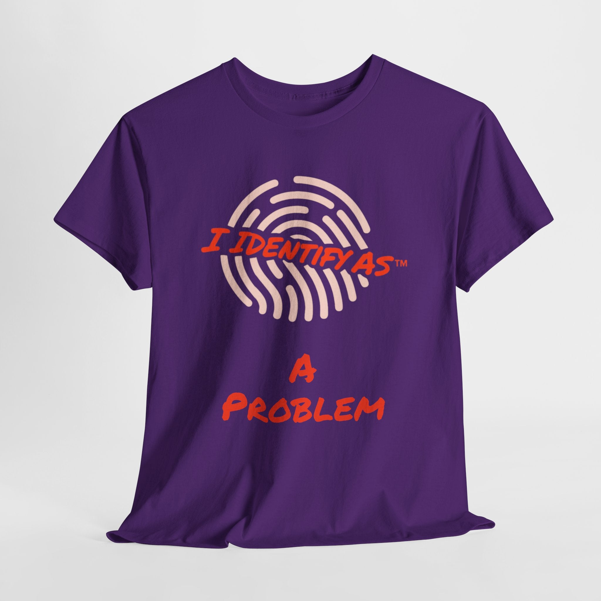 Purple t-shirt with a graphic design and text on a white background - A Problem