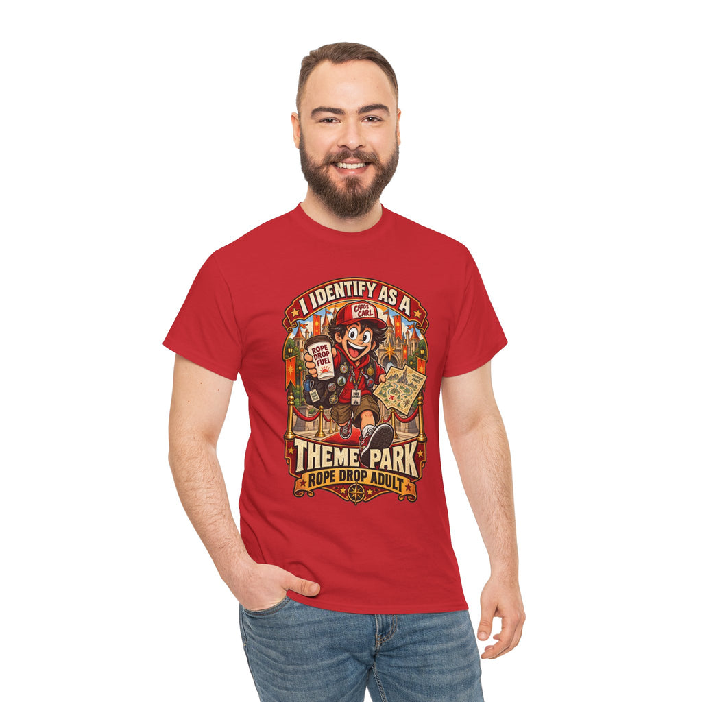 A man wearing a red graphic t-shirt with a detailed multicolor print featuring characters from One Piece and the text 'I IDENTIFY AS A THEME PARK ROPE COID AGENCY', paired with blue jeans, against a plain white background.