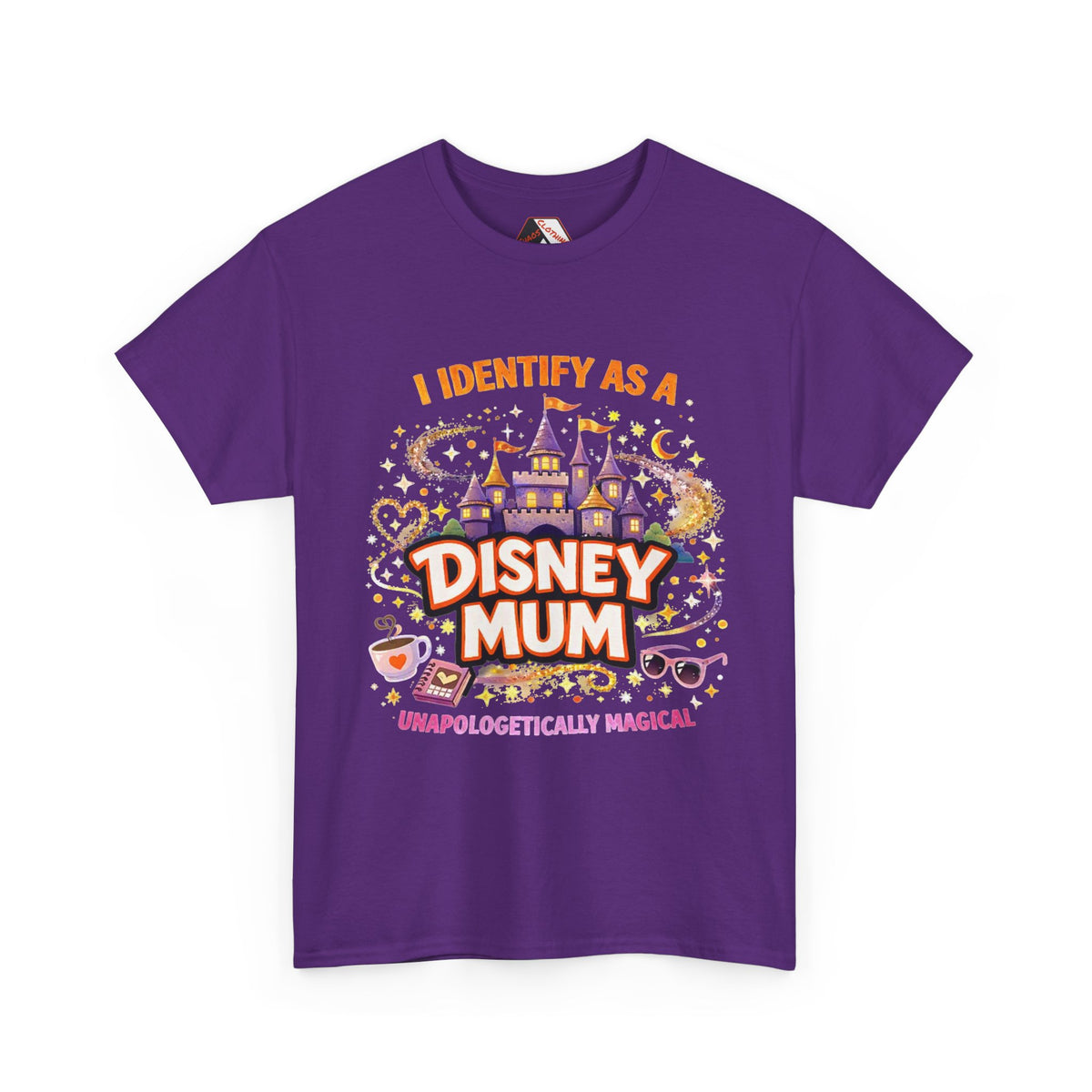 A purple short-sleeve t-shirt with a colorful graphic on the front that reads 'I IDENTIFY AS A DISNEY MUM UNAPOLOGETOLOGICALLY MAGICAL' with a castle and magical doodle design, shown on a plain white background.