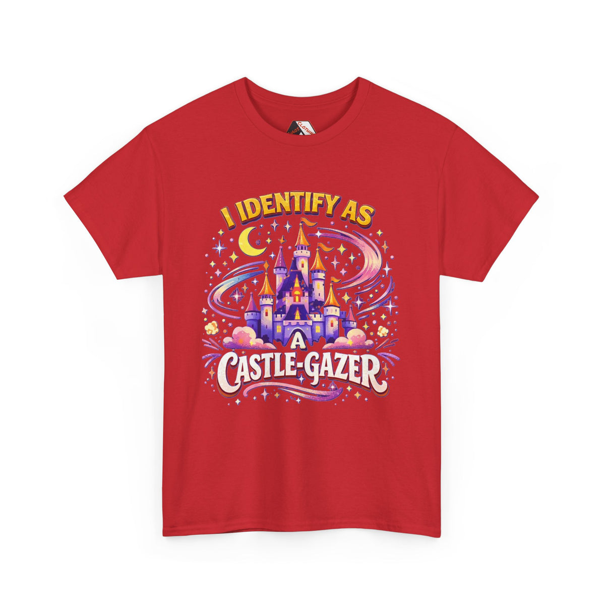 A red short-sleeve crewneck t-shirt with a colorful graphic on the front featuring a castle, stars, a crescent moon, and the text 'I IDENTIFY AS A CASTLE-GAZER'.