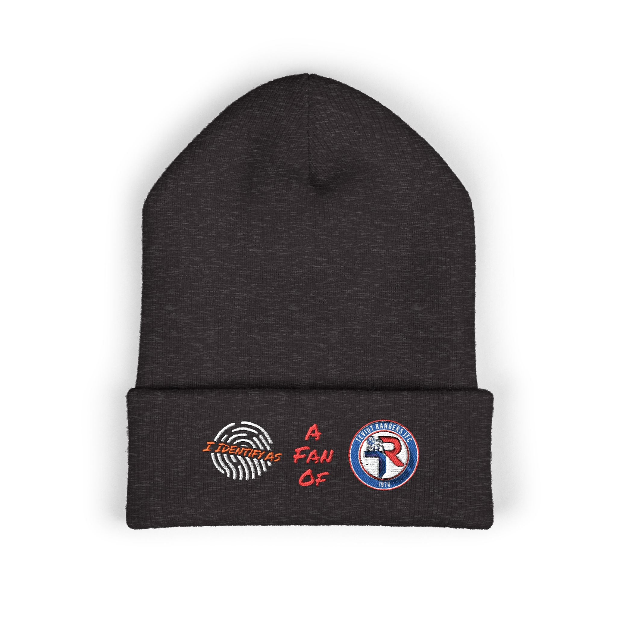Embroidered 'A Fan Of' Classic Cuffed Beanie — White Knit Winter Hat