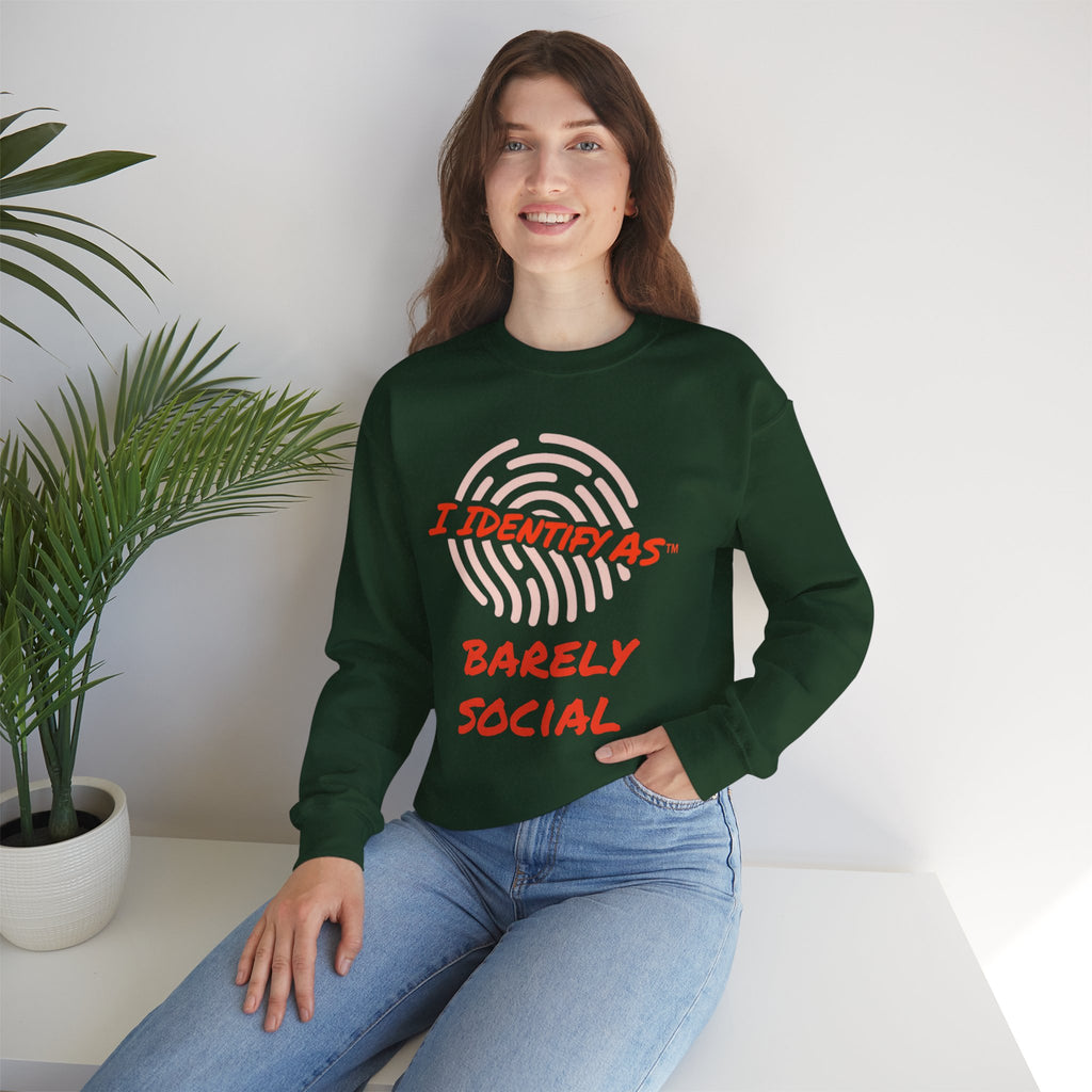 I Identify As Barely Social funny graphic crewneck sweatshirt – introvert humour design – unisex fleece jumper