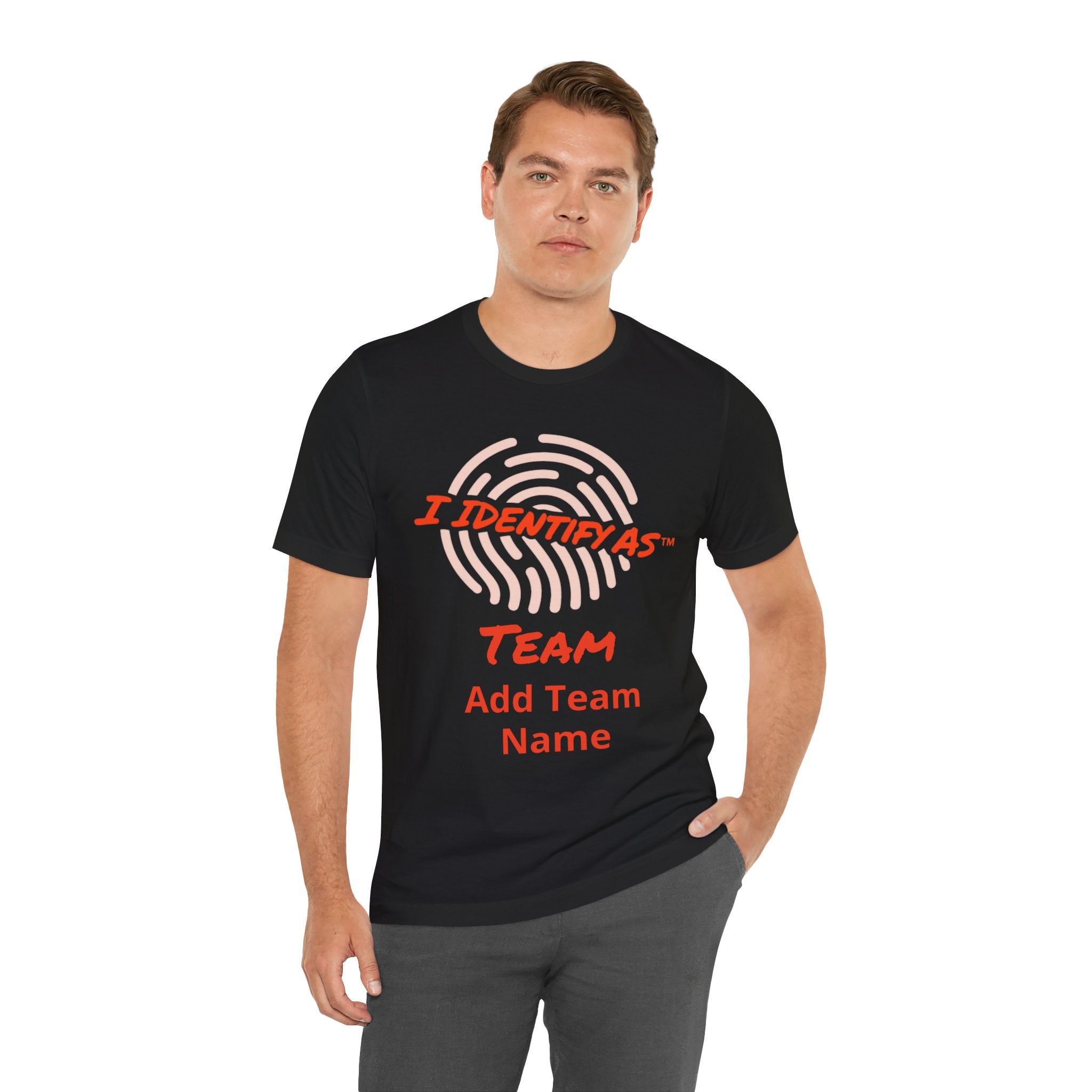 Team Personalized T‑Shirt – “I Identify As” Custom Name Group Tee – Matching Event Shirt – Unisex Cotton Identity Graphic Top