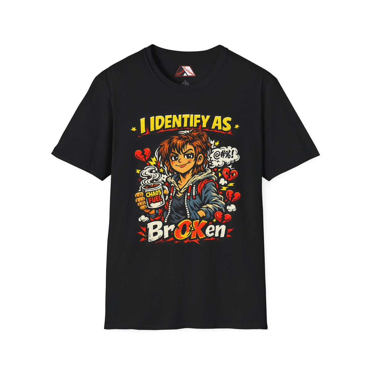 Funny exhaustion‑themed t‑shirt design with Fiona and bold BrOKen slogan in vibrant comic colours from Chaos Clothing by I Identify As