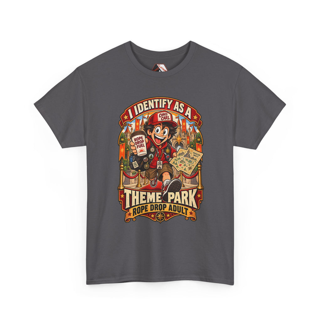 Chaos Clothing by I Identify As™ fantasy amusement park graphic tee showcasing Chaos Carl™ with coffee, explorer lanyard and vintage-inspired typography.