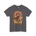 Chaos Clothing by I Identify As™ fantasy amusement park graphic tee showcasing Chaos Carl™ with coffee, explorer lanyard and vintage-inspired typography.