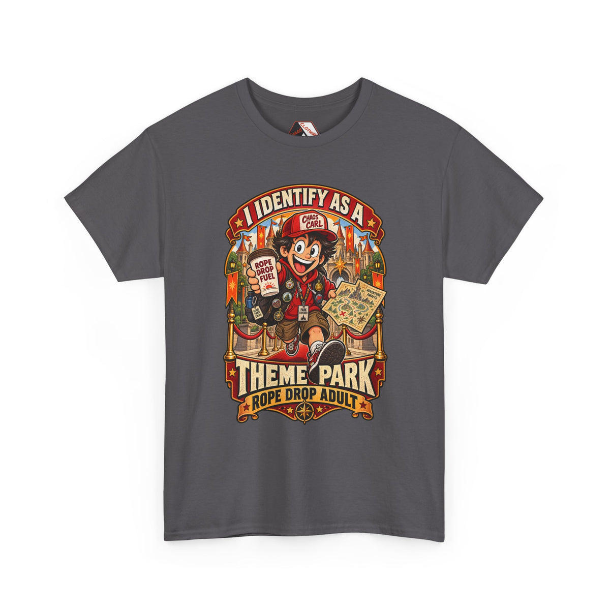 Chaos Clothing by I Identify As™ fantasy amusement park graphic tee showcasing Chaos Carl™ with coffee, explorer lanyard and vintage-inspired typography.