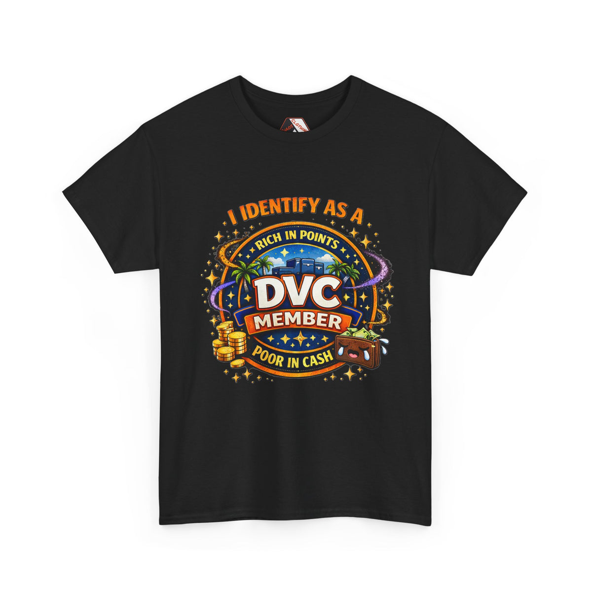 A black short-sleeve crewneck t-shirt with a colorful graphic on the front. The graphic features the text 'I IDENTIFY AS A DVC MEMBER' in stylized lettering, surrounded by a casino-themed design with gold coins, a slot machine, and a craps die.