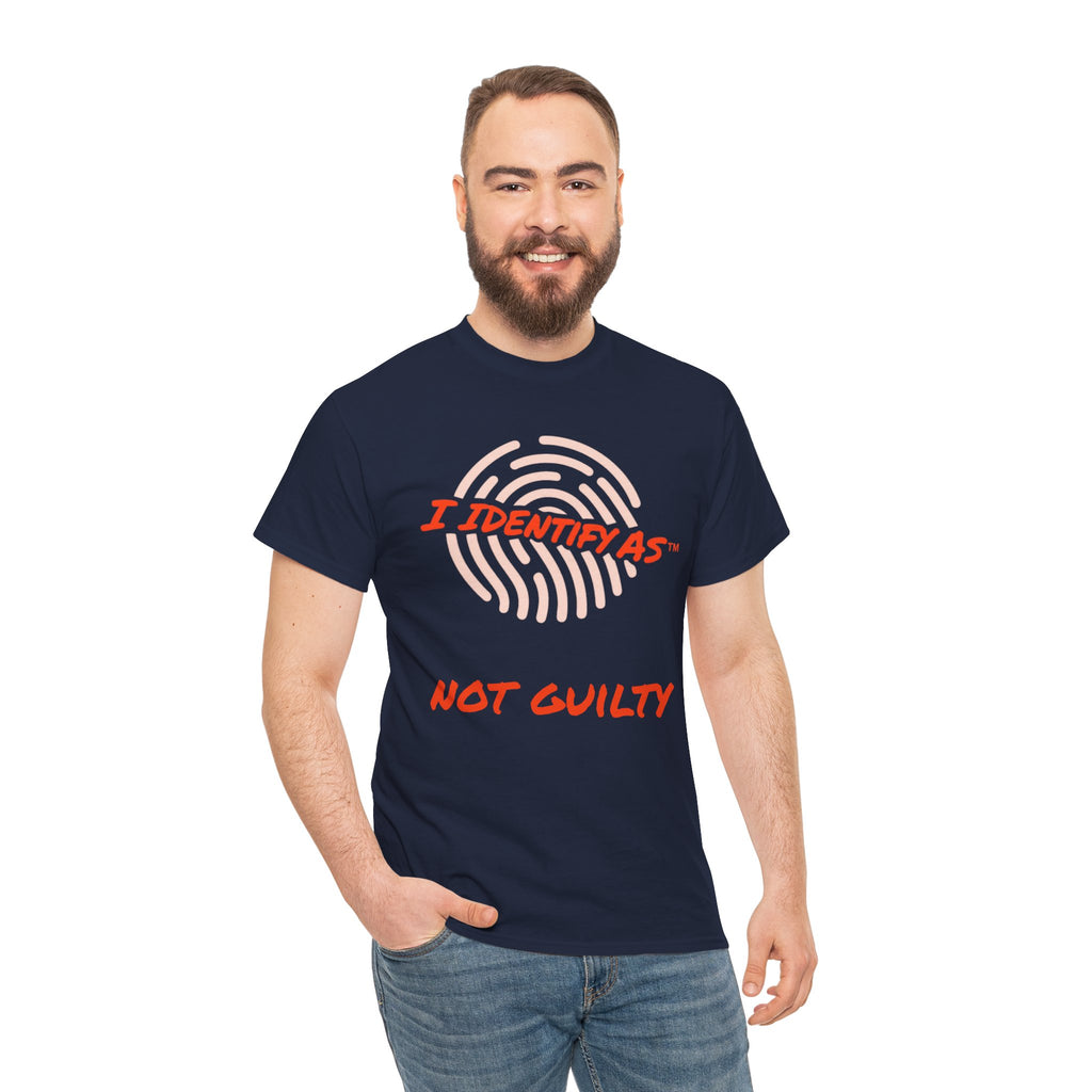 I Identify As Not Guilty funny graphic t‑shirt – bold text design – unisex cotton tee