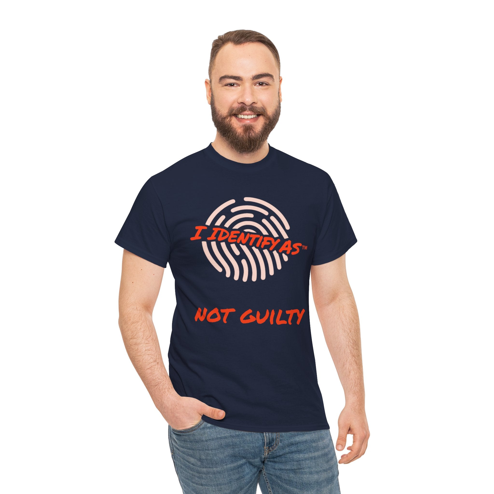 I Identify As Not Guilty funny graphic t‑shirt – bold text design – unisex cotton tee