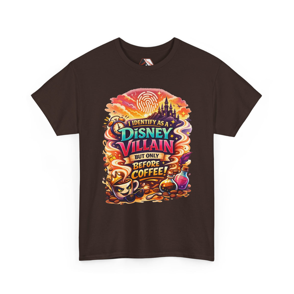 I Identify As a Disney Villain Before Coffee – Funny Theme Park T‑Shirt for Disney Adults