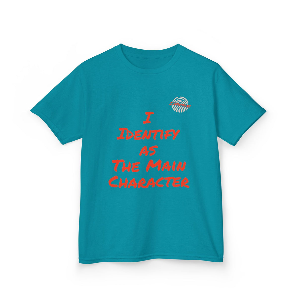 A teal short-sleeve t-shirt with a graphic print on the front. The print features a small circular graphic of a face with red and white stripes on the left chest, and the text 'I IDENTIFY AS THE MAIN CHARACTER' in a red, hand-drawn font below it.