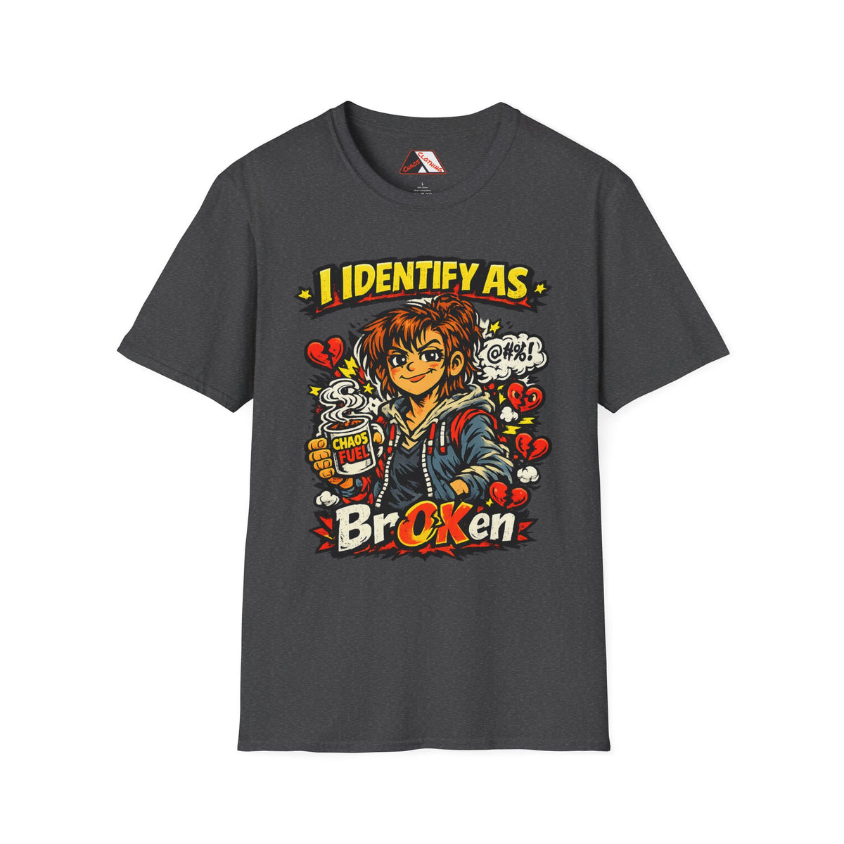 Grey Funny comic t‑shirt design for parents and caffeine lovers featuring Fiona and chaos symbols from Chaos Clothing by I Identify As