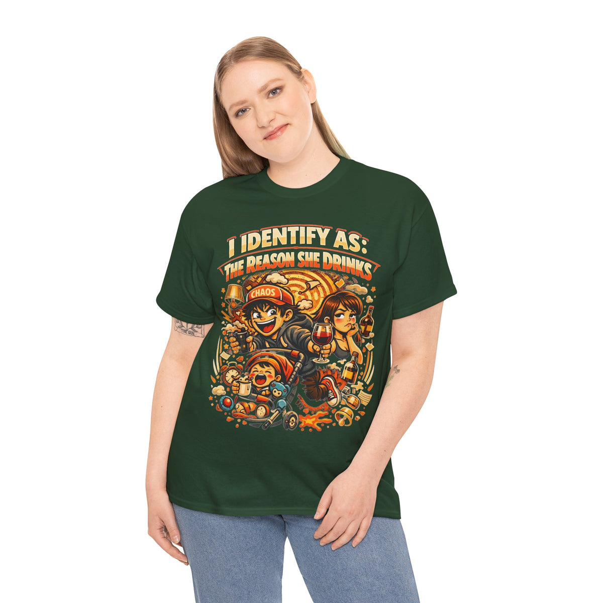 Funny Slogan T‑Shirt – “I Identify As The Reason She Drinks” – Humour Tee – Novelty Gift – Unisex Cotton Graphic Shirt | Chaos Clothing by I Identify As