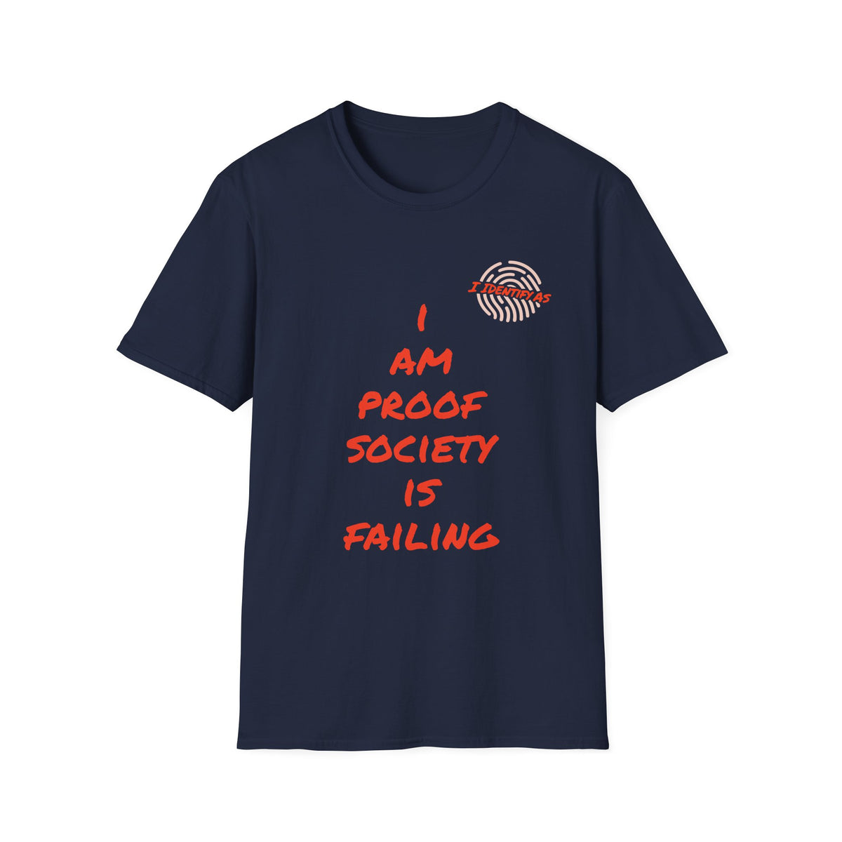 Navy blue t-shirt with a graphic design on a white background