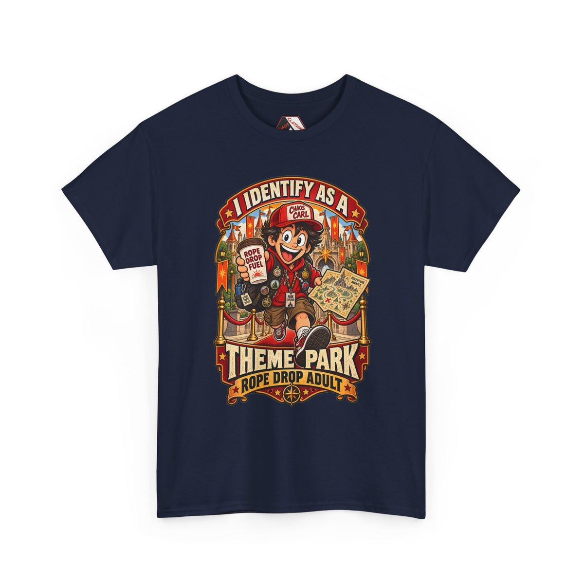 Chaos Clothing by I Identify As™ fantasy theme park explorer t-shirt with Chaos Carl™, Rope Drop Fuel coffee cup, collectible badges and vintage graphic design.