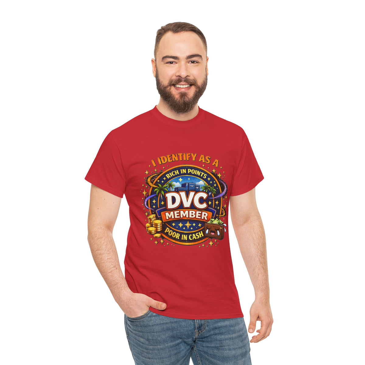 A man wearing a red graphic t-shirt with a 'The DVC Member' logo, paired with blue jeans, against a plain white background.