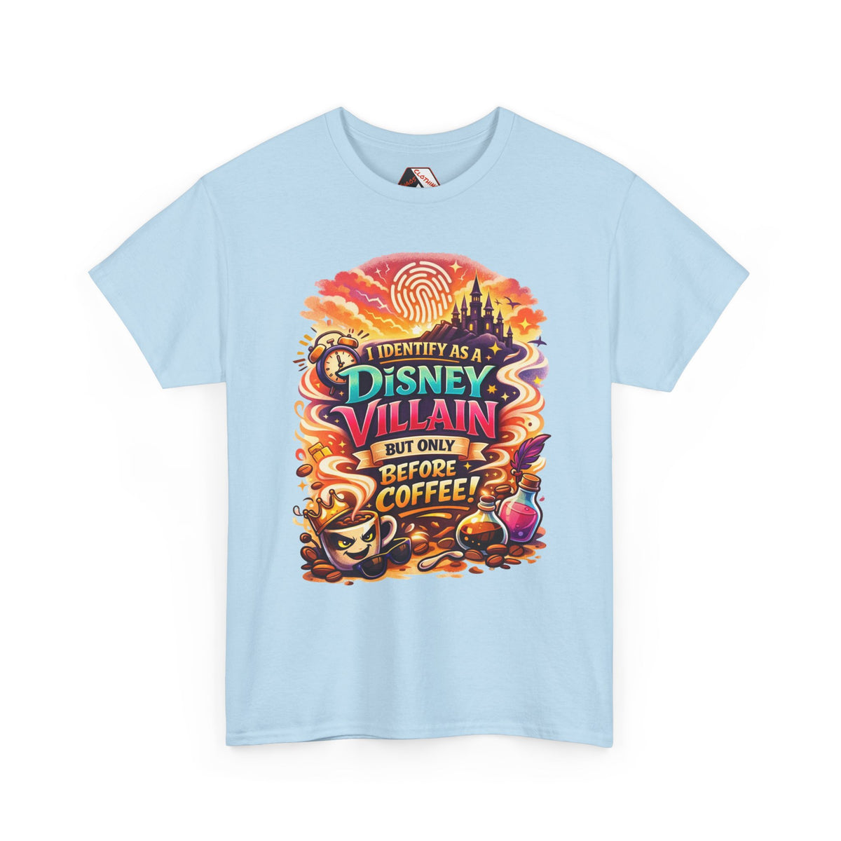 I Identify As a Disney Villain Before Coffee – Funny Theme Park T‑Shirt for Disney Adults