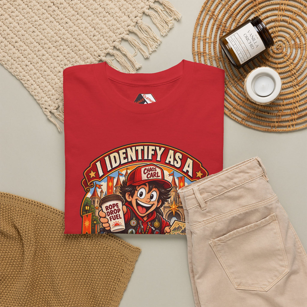 A folded red graphic T-shirt is arranged in a styled flat lay with beige pants, a cream knit blanket, a woven placemat, a candle jar, and a small white cup on a light gray surface. The shirt graphic shows a cartoon character and the text 'I IDENTIFY AS A'
