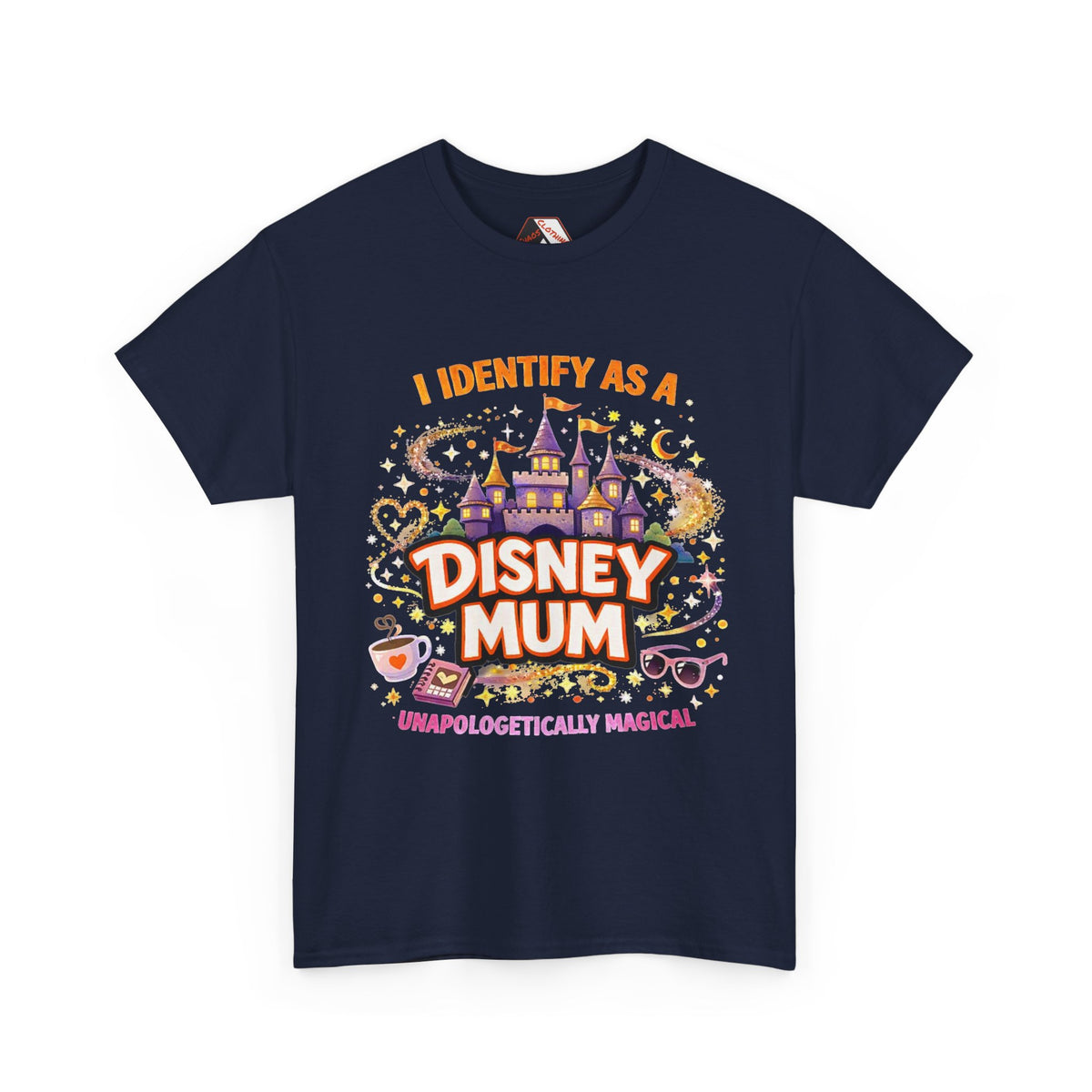 A navy blue short-sleeve t-shirt with a colorful graphic print on the front. The graphic features a castle, stars, and the text 'I IDENTIFY AS A DISNEY MUM' and 'UNAPOLOGETICALLY MAGICAL'.