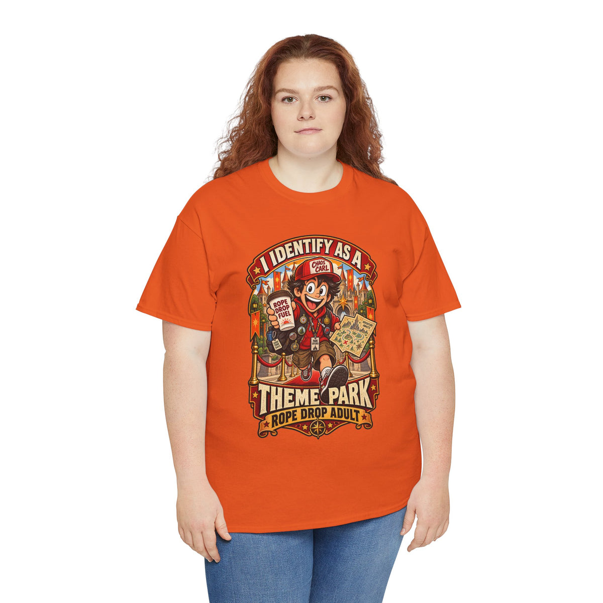 A woman modeling a bright orange graphic t-shirt featuring a cartoon character and the text 'I IDENTIFY AS A THEME PARK ROPE Drop Adult'.