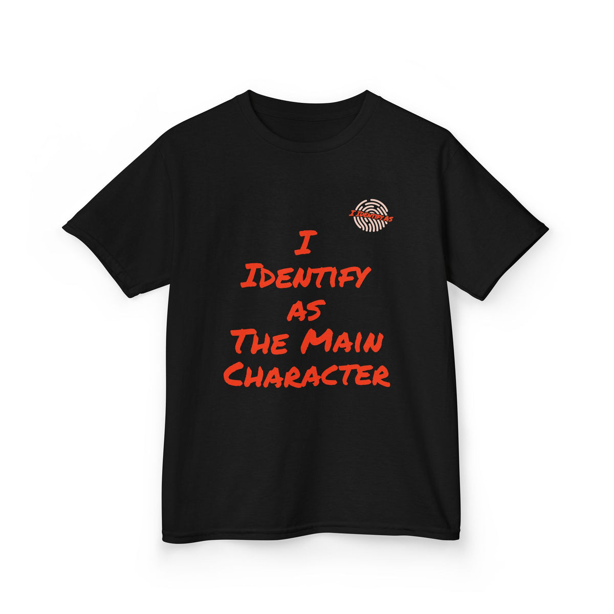 A black short-sleeve t-shirt with red text reading 'I IDENTIFY AS THE MAIN CHARACTER' and a small fingerprint graphic on the left chest, shown on a plain white background.