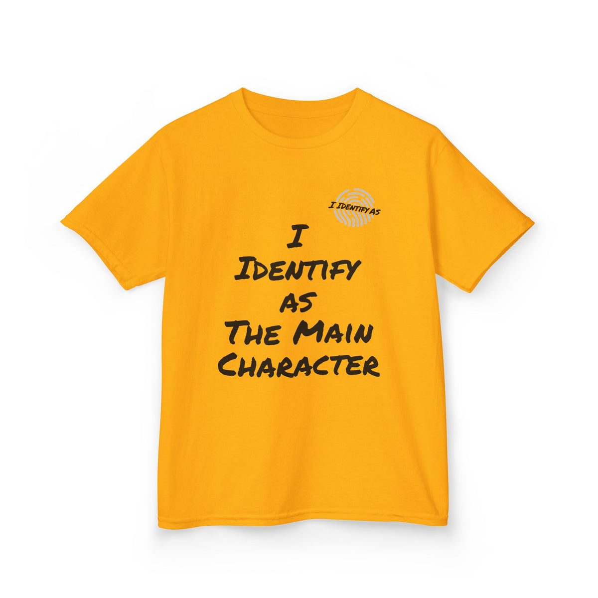 A bright yellow short-sleeve t-shirt with black text on the front reading 'I IDENTIFY AS THE MAIN CHARACTER' and a small circular graphic above the text. The shirt is displayed flat against a clean white background.