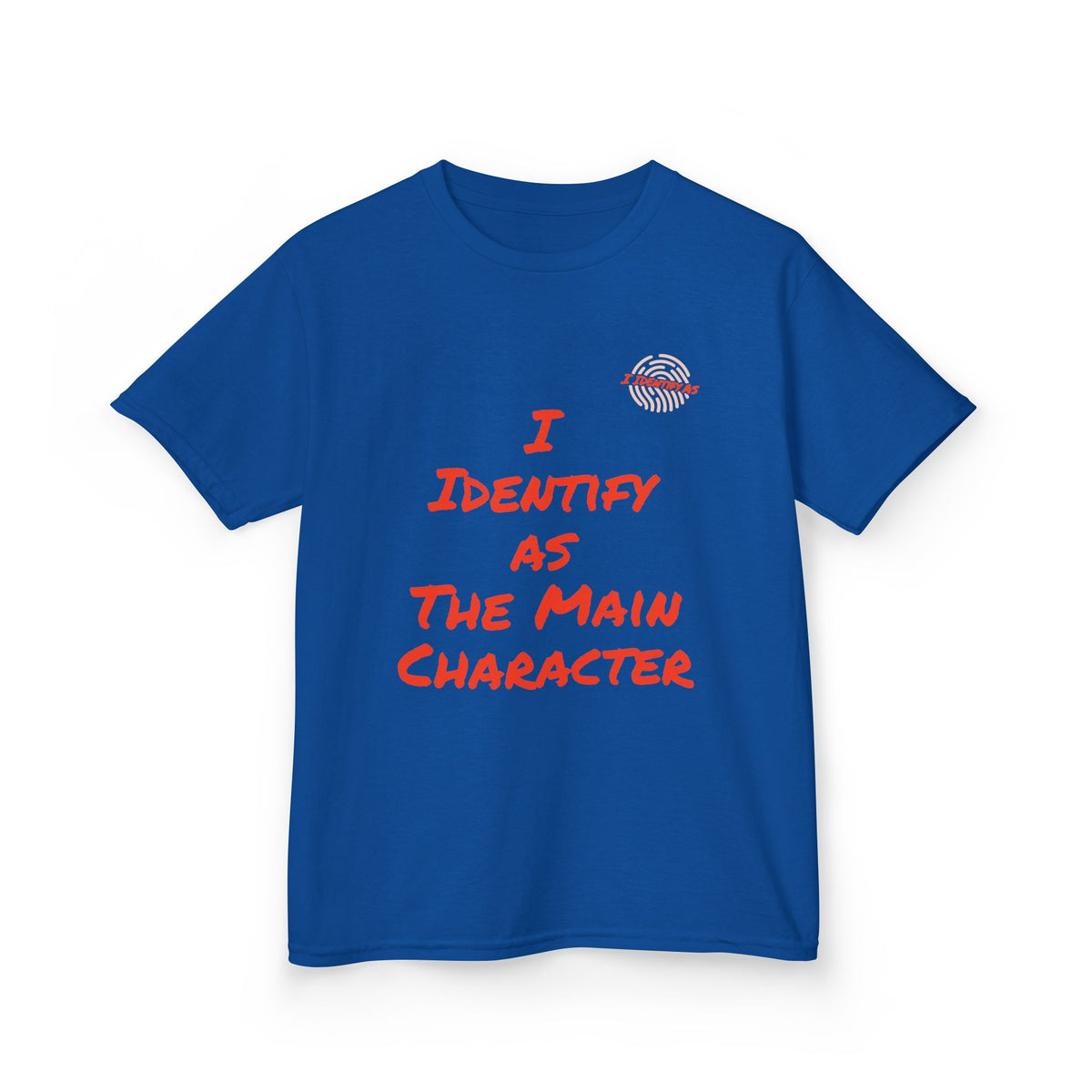 A royal blue short-sleeve t-shirt with a graphic print on the front. The print features a small circular graphic with red and white stripes on the upper right chest, and the text 'I IDENTIFY AS THE MAIN CHARACTER' in a red, hand-drawn font below it.