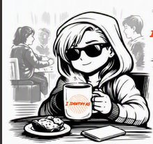 A black and white cartoon-style illustration of Socially Done Sandra in a hoodie and sunglasses sitting at a table and holding a mug with the text 'I Identify as'.